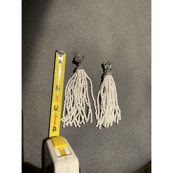 BCBG MaxAzria dangle white Seed beaded Tassel earrings with silver/cz . NWOT - Picture 11 of 15
